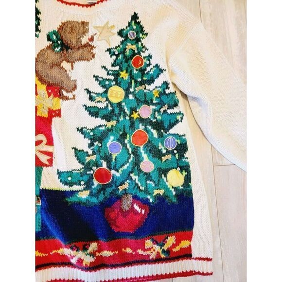 Casual Corner L Heavy Embroidered Bears Christmas Sweater Sz L Vintage 80's - Picture 3 of 8